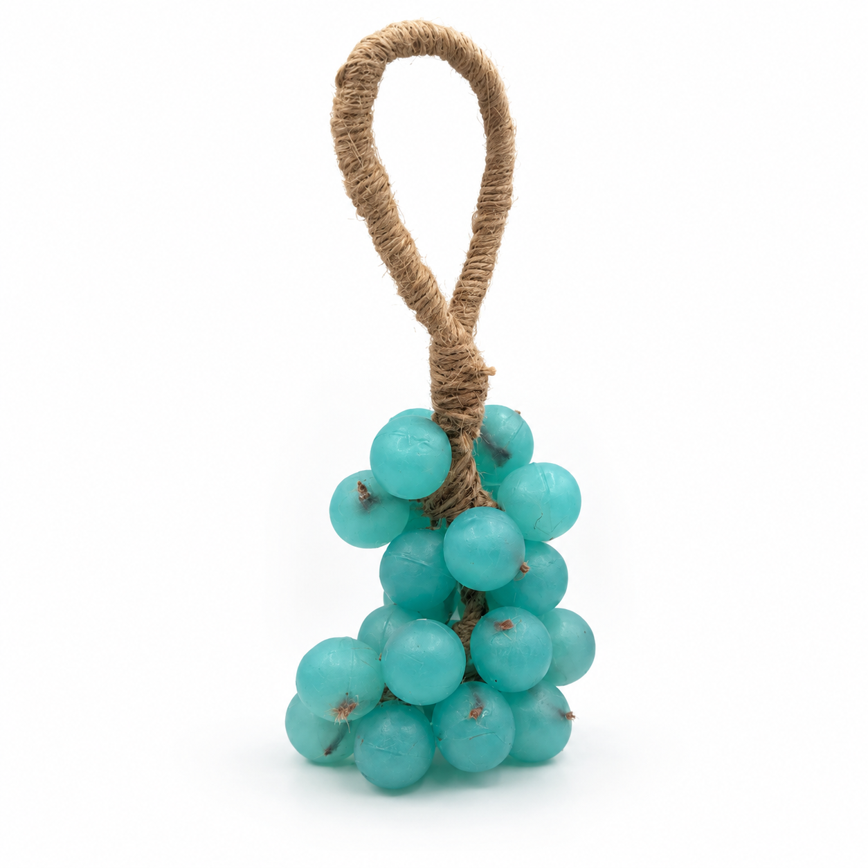 Grape Escape bunch in teal, hanging on jute twine
