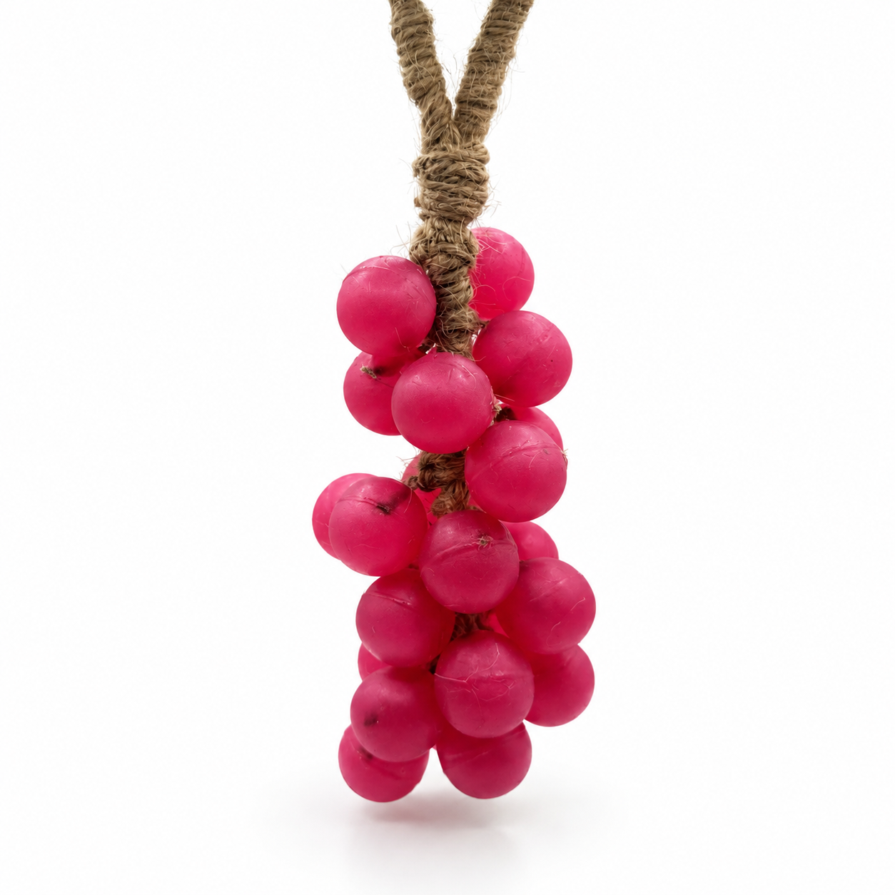 Grape Escape bunch in bright pink, hanging on jute twine